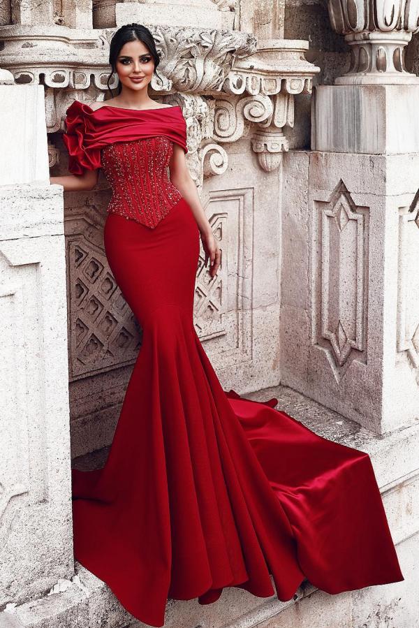 Burgundy Long Mermaid Off the Shoulder Satin Beaded Formal Prom Dresses