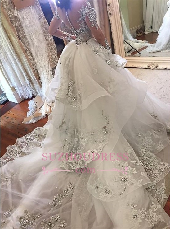 Glamorous Long Sleeves Tulle High Neck Appliques Wedding Dresses with Detachable Overskirt