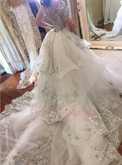 Glamorous Long Sleeves Tulle High Neck Appliques Wedding Dresses with Detachable Overskirt