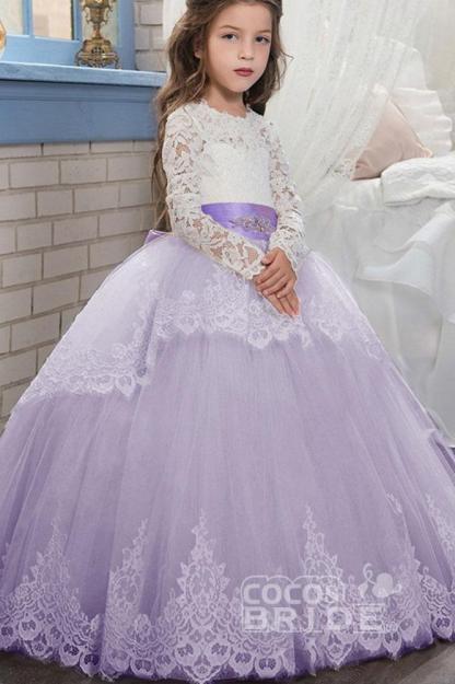 Purple Scoop Neck Long Sleeves Ball Gown Flower Girls Dress
