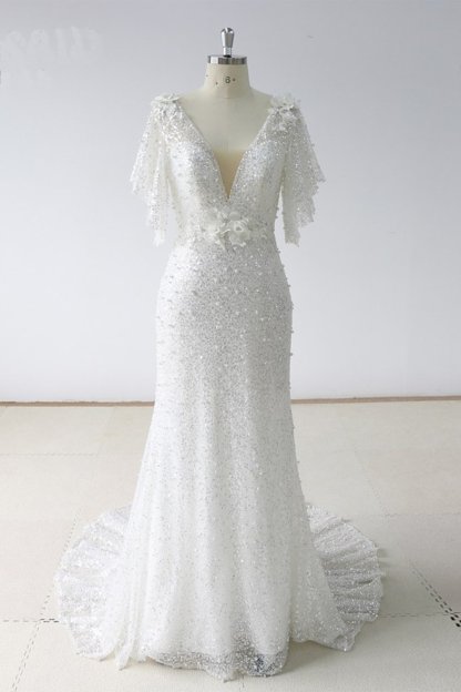 Stunning Sequins White Tulle Sweep Train Mermaid Short Sleeve Wedding Dress