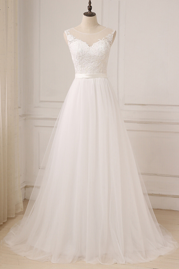 Elegant Long Lace Tulle A-line Backless Wedding Dress