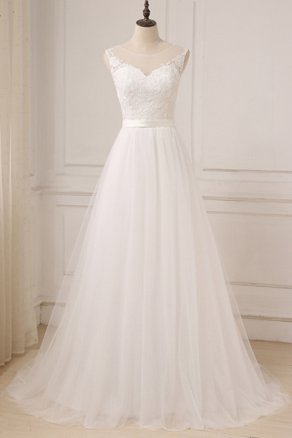 Elegant Long Lace Tulle A-line Backless Wedding Dress
