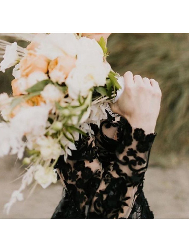 A-Line V Neck Court Train Lace Tulle Long Sleeve Country Plus Size Black Wedding Dresses