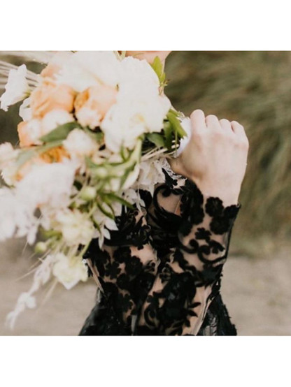A-Line V Neck Court Train Lace Tulle Long Sleeve Country Plus Size Black Wedding Dresses