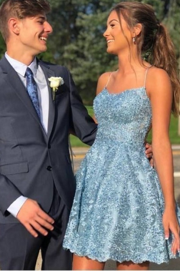 Beautiful Spaghetti Straps A-line Appliques Lace Ruffles Short Prom Dress