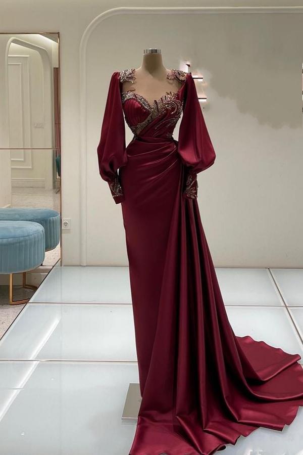 Burgundy Long Mermaid Sweetheart Satin Beading Evening Prom Dresses with Sleeves