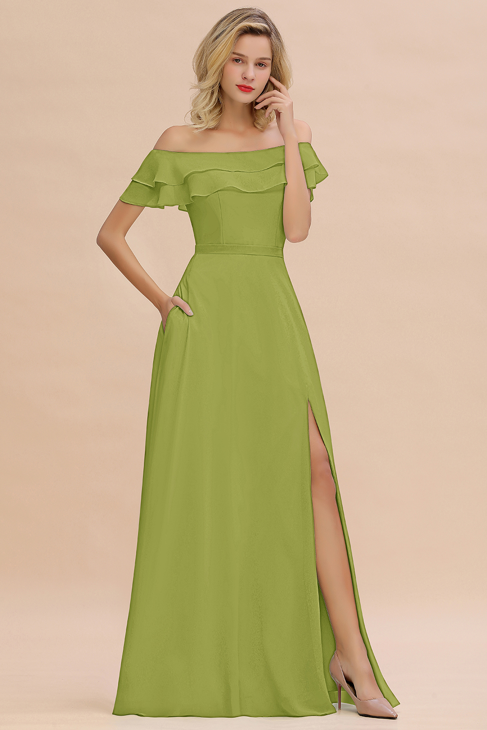 Off-the-Shoulder Front Slit Mint Green Long Bridesmaid Dress