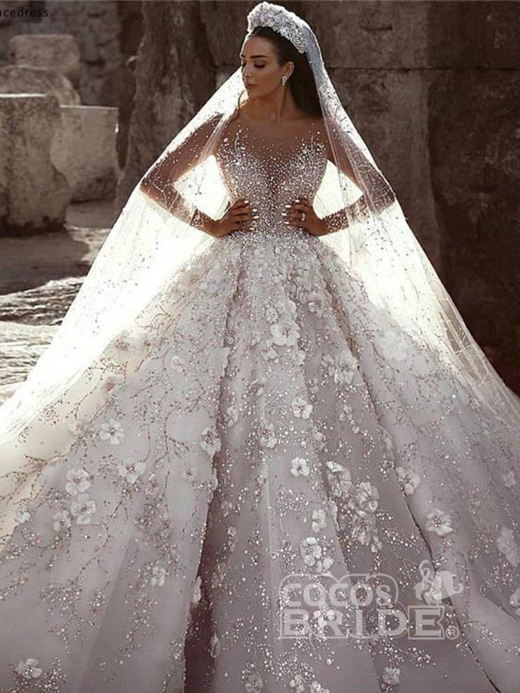 Luxury Long V Neck Ball Gown Tulle Lace Wedding Dresses with Sleeves