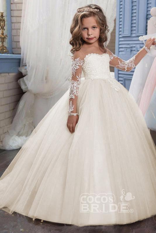 White Scoop Neck Long Sleeves Ball Gown Flower Girls Dress