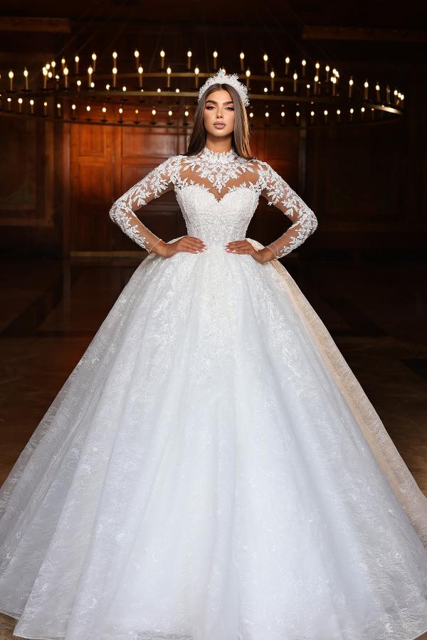 High Neck Long Sleeve Ball Gown Tulle Floor Length Wedding Dress with Appliques Lace