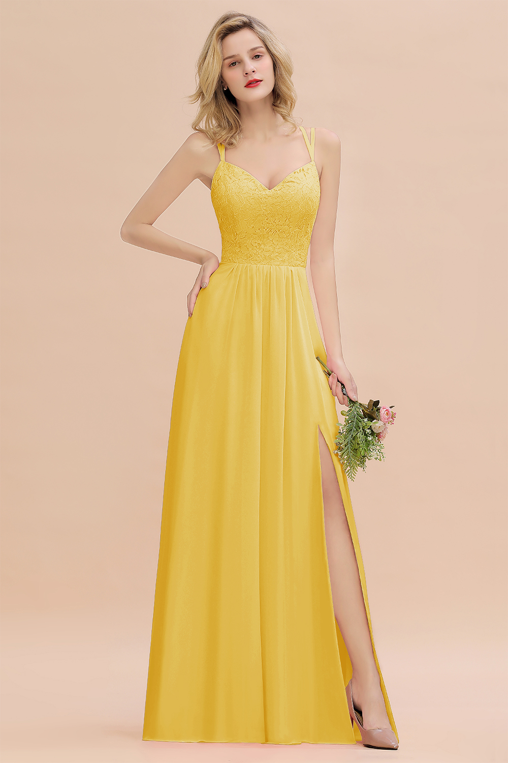 Beautiful A-Line Chiffon Spaghetti Straps Sweetheart Floor Length Split Bridesmaid Dress