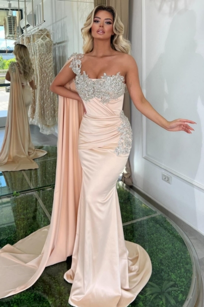 Long One Shoulder Satin Floor Length Mermaid Prom Dress with Ruffles