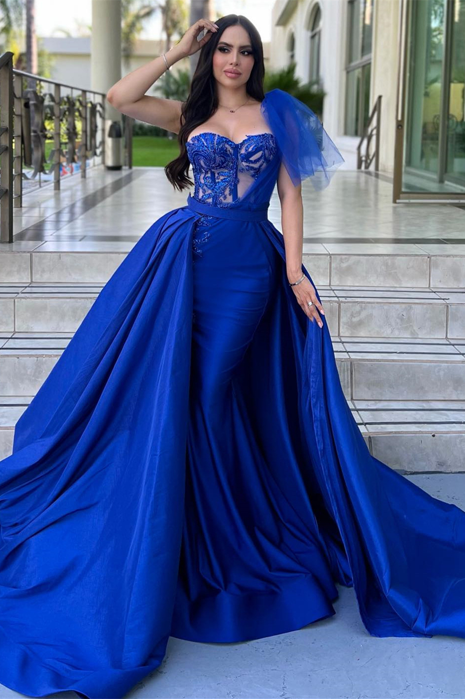 Dark Green Long Mermaid Satin Beaded Prom Dress with Detachable Train