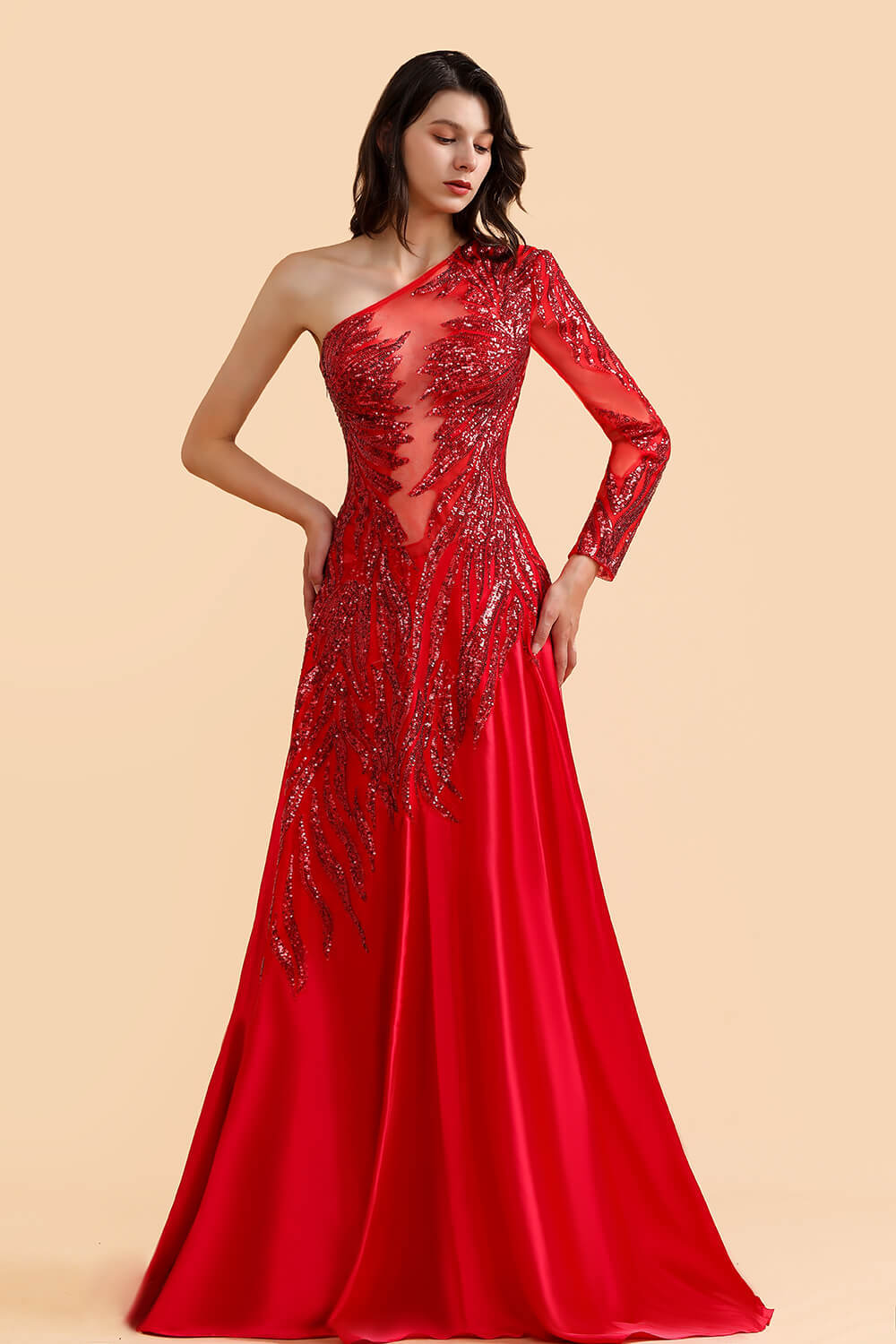 One Shoulder Mermaid Sequins Fuchsia Evening Dresses with Sleeves