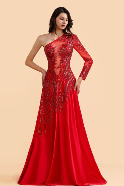 One Shoulder Mermaid Sequins Fuchsia Evening Dresses with Sleeves