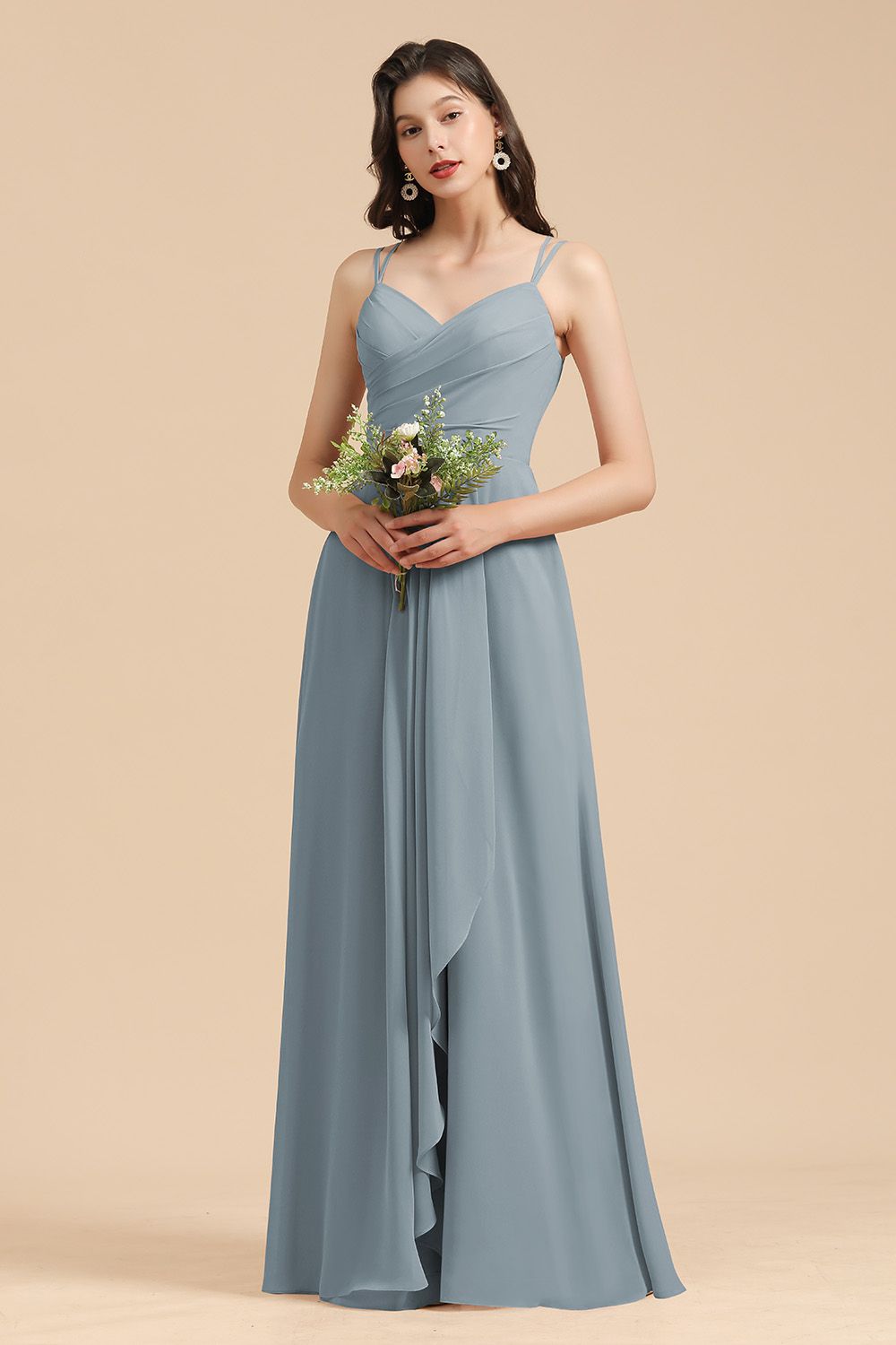 Long A-line V-Neck Chiffon Bridesmaid Dress Dusty Blue Wedding Guest Dress