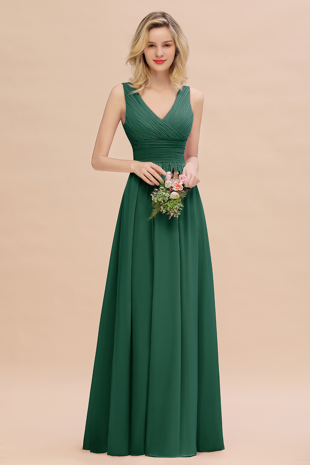 Elegant A-line V-Neck Ruffles Long Bridesmaid Dress