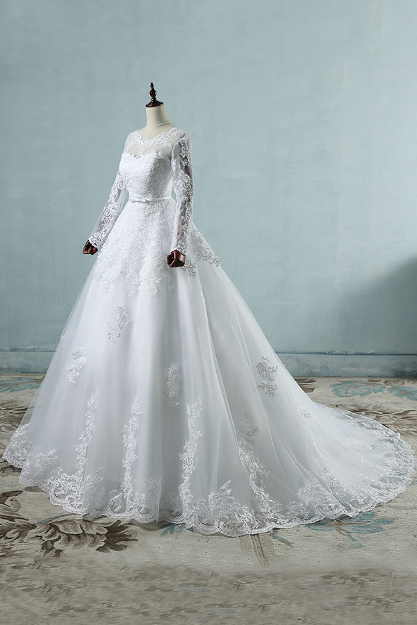 Long Sleeve Appliques Lace Tulle A-line Wedding Dress