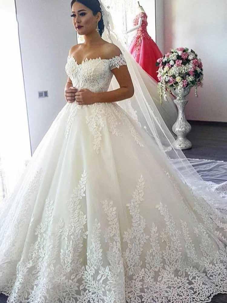 Glamorous Long Tulle Off-the-Shoulder Beads Ball Gowns Wedding Dresses