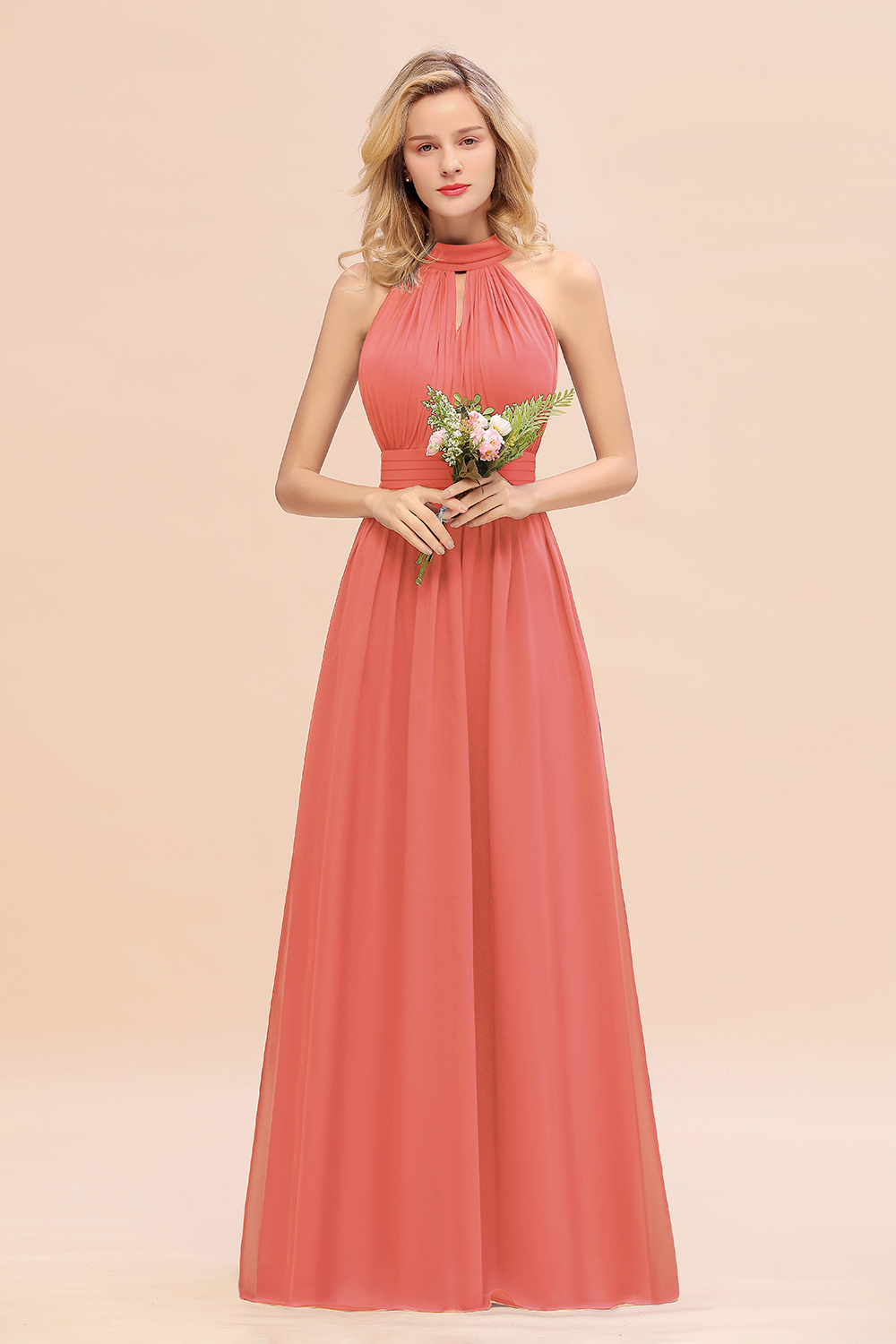 BM0758 Glamorous High-Neck Halter Bridesmaid Affordable Dresses with Ruffle