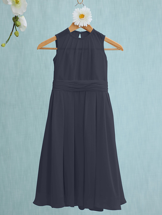Sky Blue Long A-line Jewel Neck Knee Length Chiffon Junior Bridesmaid Dress