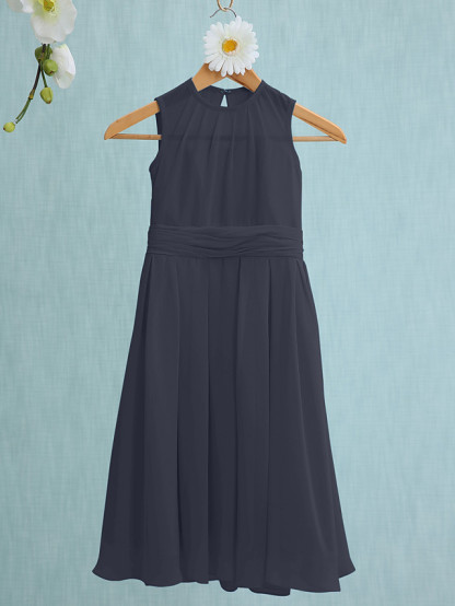 Sky Blue Long A-line Jewel Neck Knee Length Chiffon Junior Bridesmaid Dress