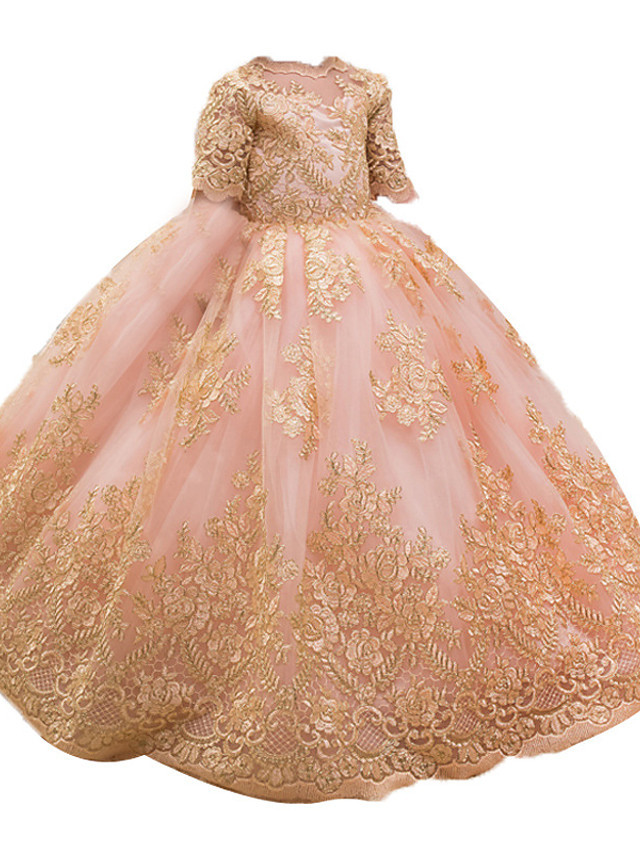 Princess / Ball Gown Floor Length Wedding / Party Flower Girl Dresses - Tulle Half Sleeve Jewel Neck With Bow(S) / Appliques