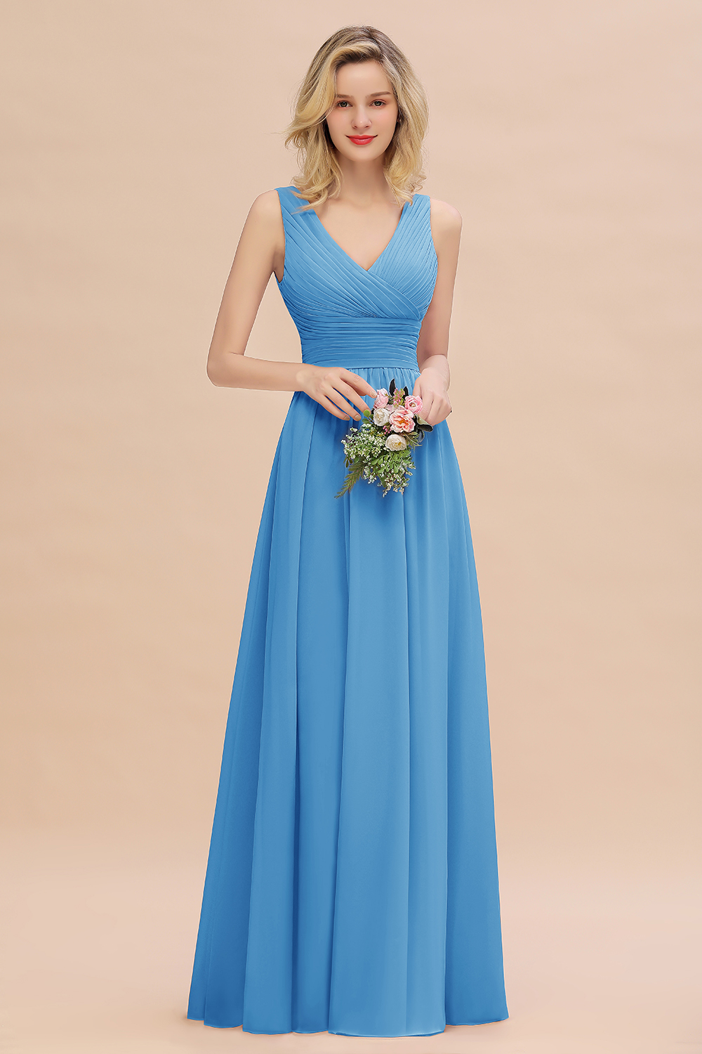 Elegant A-line V-Neck Ruffles Long Bridesmaid Dress
