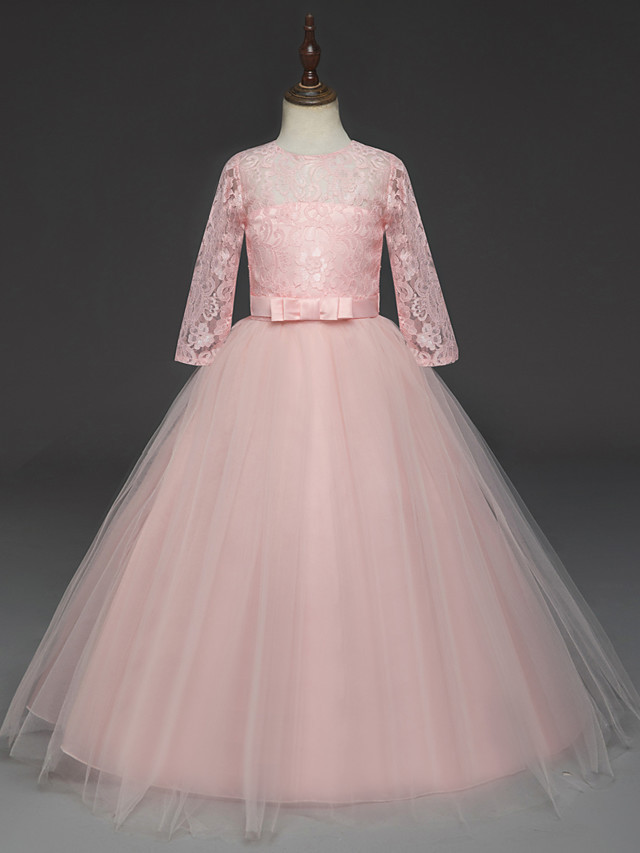 Princess Long Length Wedding / Party / Pageant Flower Girl Dresses - Lace / Tulle Half Sleeve Jewel Neck With Lace / Belt