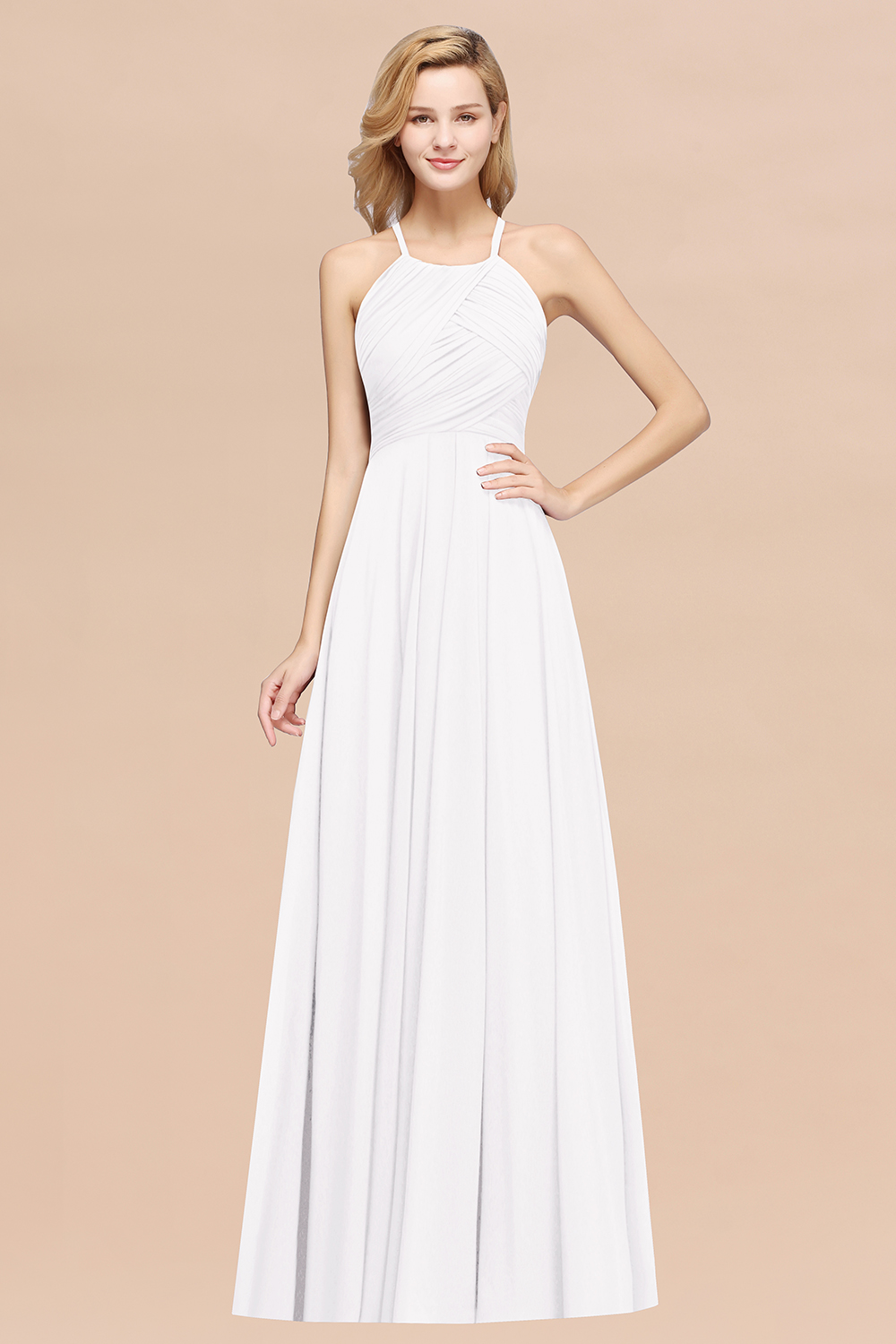 A-Line Chiffon Halter Ruffles Floor-Length Bridesmaid Dress