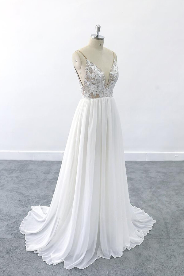 Elegant Long V-neck Lace Chiffon A-line Open Back Wedding Dress