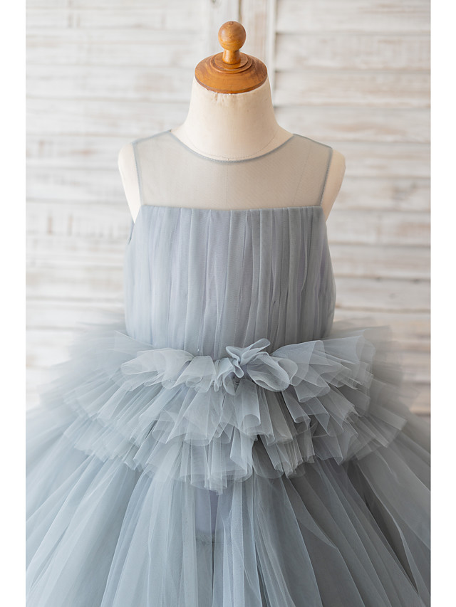 Grey Ball Gown Sleeveless Tulle Birthday Party Girl Dresses