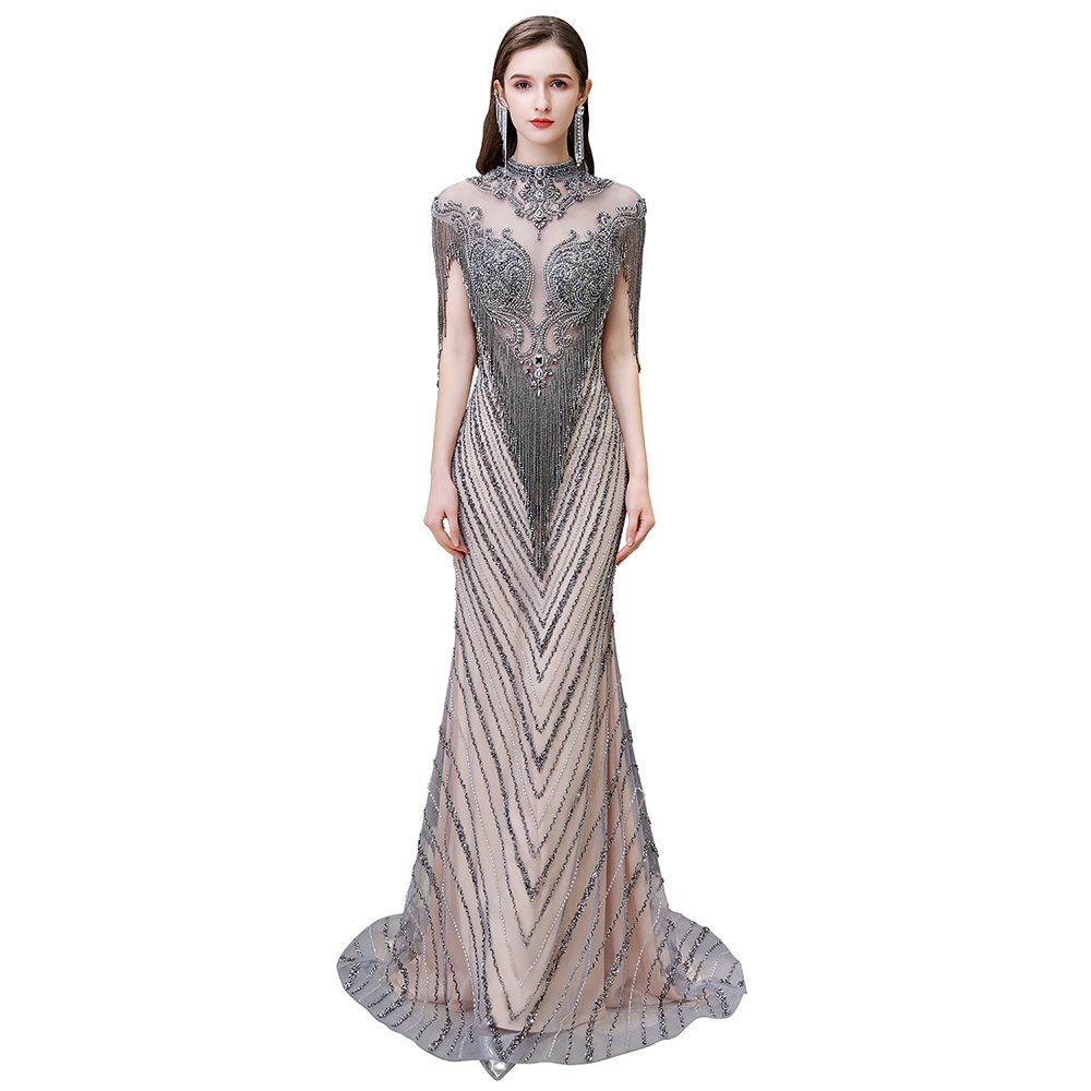High Neck Cap sleeves Sparkle Beads Long Prom Dresses