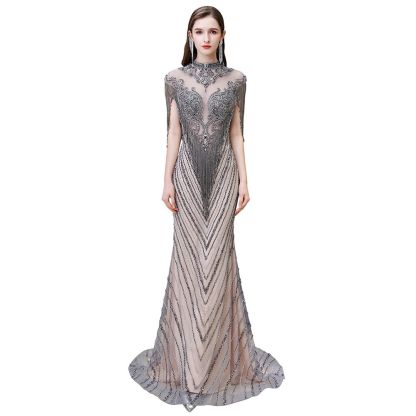 High Neck Cap sleeves Sparkle Beads Long Prom Dresses