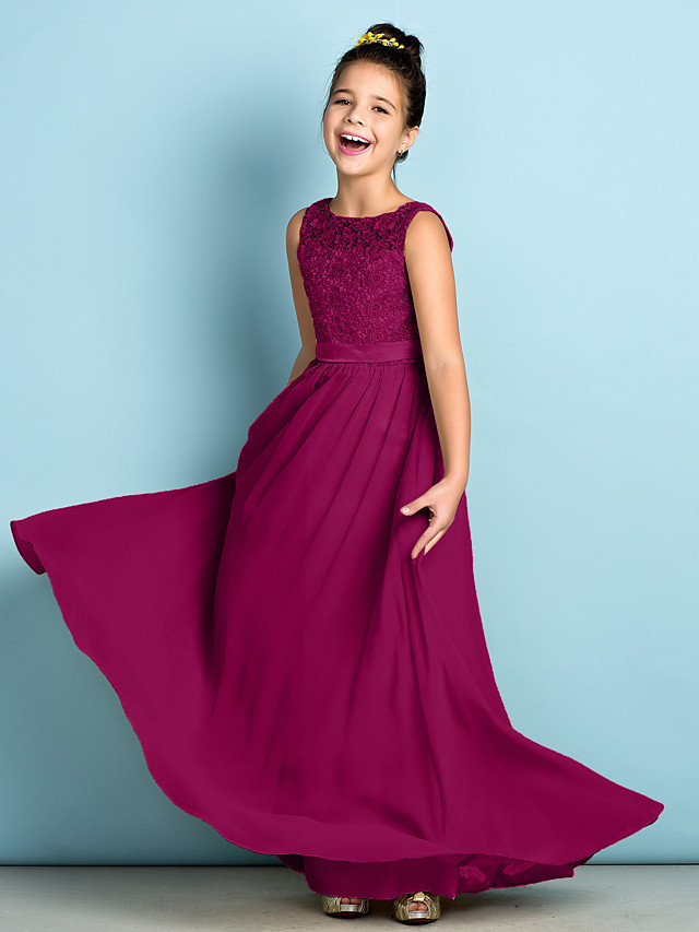 A-Line Scoop Neck Floor Length Chiffon / Lace Junior Bridesmaid Dress With Lace / Natural / Mini Me