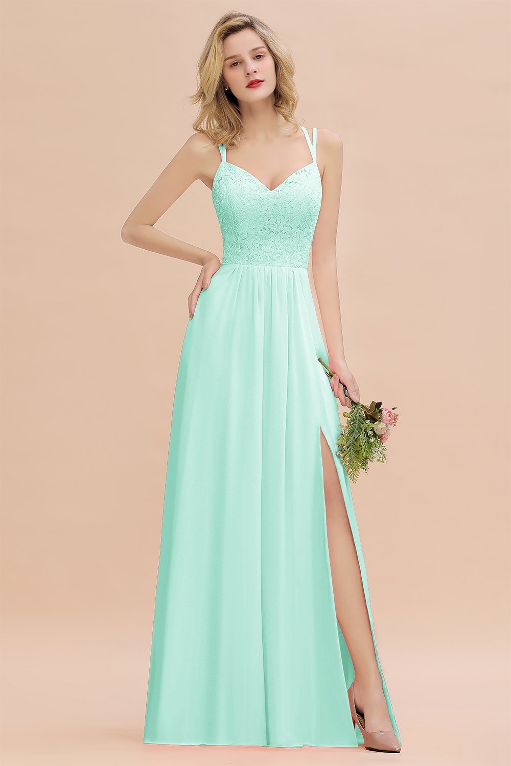 Beautiful A-Line Chiffon Spaghetti Straps Sweetheart Floor Length Split Bridesmaid Dress