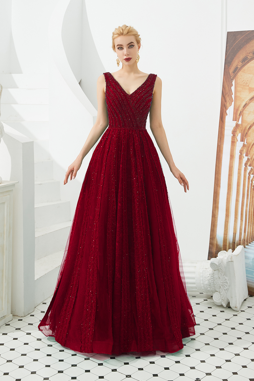 Long V-neck Tulle A-line Sequin Burgundy Formal Dresses