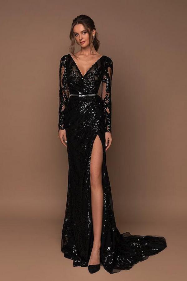 Black Long Sleeves Mermaid V-neck Sequined Formal Evening Dresses with Slit