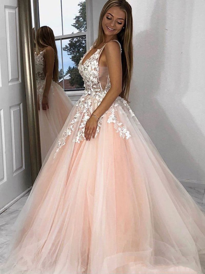 Elegant A-line Spaghetti Straps Deep V-neck Open Back Appliques Lace Tulle Prom Dress