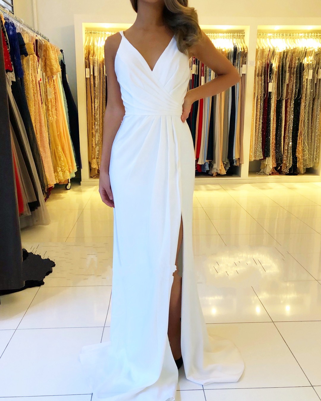 Elegant Deep V-neck Backless Ruffles Mermaid Prom Dress With Side Slit