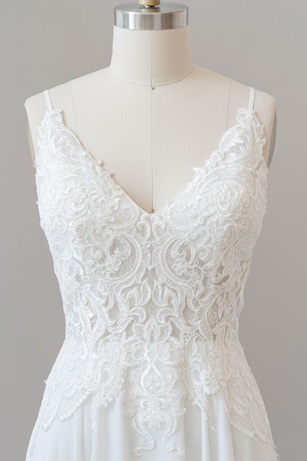 Long A-line Spaghetti Strap Appliques Chiffon Backless Wedding Dress