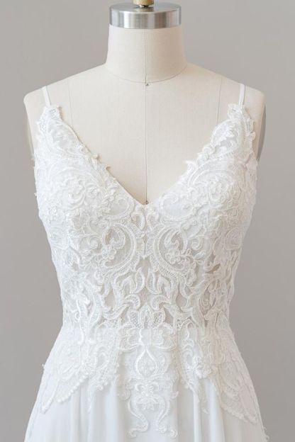 Long A-line Spaghetti Strap Appliques Chiffon Backless Wedding Dress