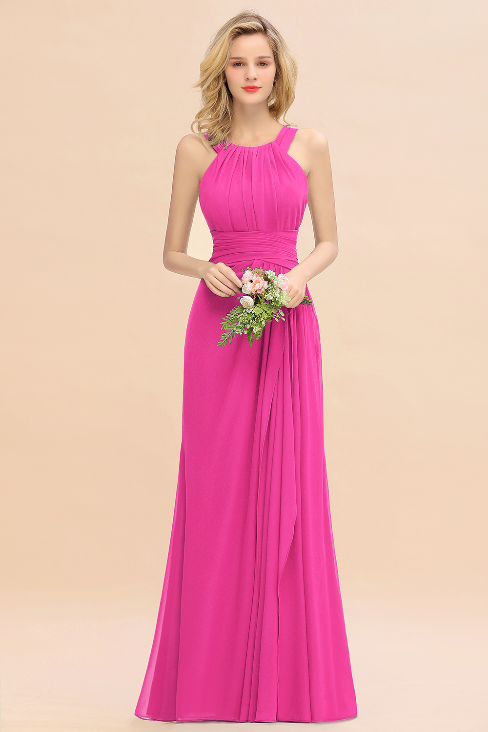 Long A-line Halter Chiffon Backless Floor-length Bridesmaid Dresses