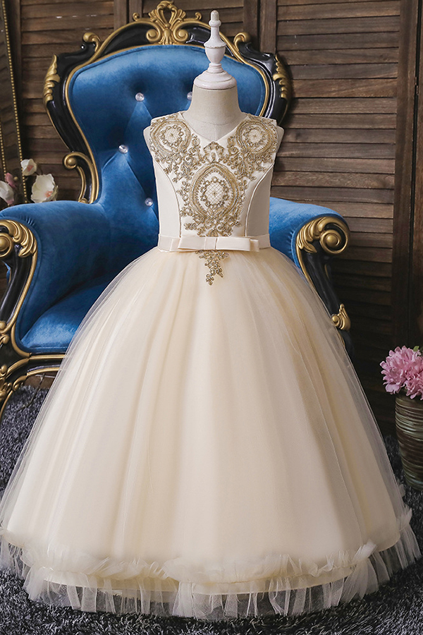 FS9975 Appliques Scoop Tea Length Flower Girl Dress