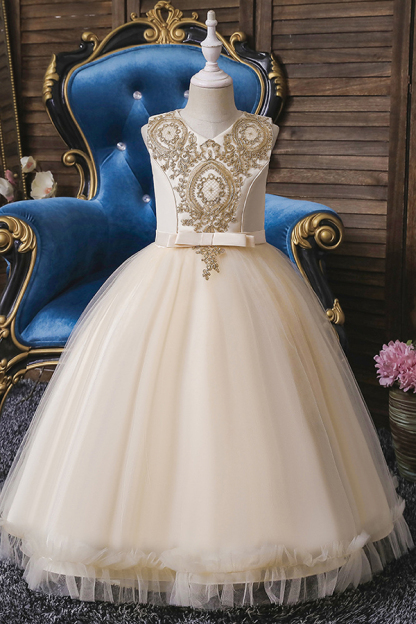 FS9975 Appliques Scoop Tea Length Flower Girl Dress