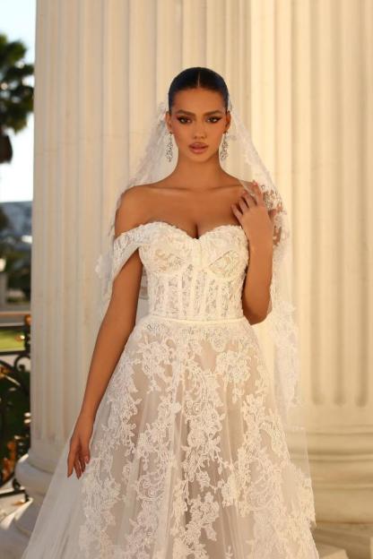 Beautiful Ivory Long A-line Off the Shoulder Tulle Lace Wedding Dresses