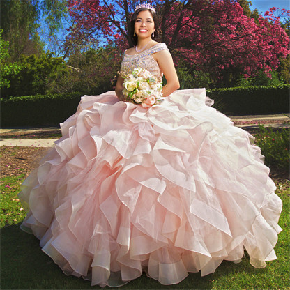Long Bateau Organza Tulle Beaded Ball Gown Quinceanera Dress