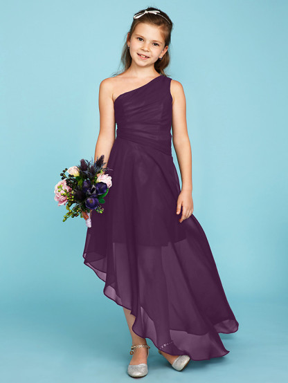 A-Line One Shoulder Asymmetrical Chiffon Junior Bridesmaid Dress With Side Draping / Wedding Party