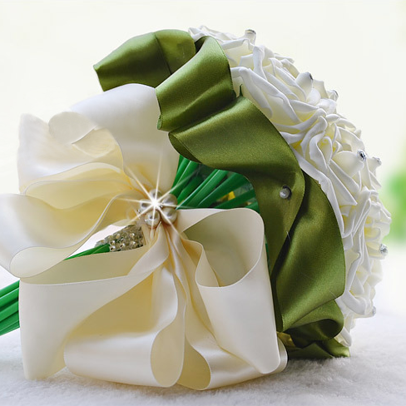 Ivory Silk Beading Rose Bouquet with Colorful Ribbons